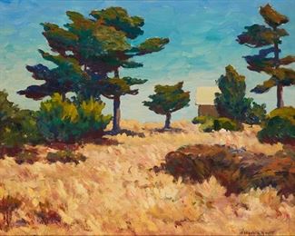 1003
Arthur Harold Knott
1883-1977, Morro Bay, CA
"The Top Of The Hill," Circa 1934
Oil on canvas
Signed lower right: A. Harold Knott, signed again, titled and inscribed on the stretcher: "Morro Bay Calif.," dated on a gum label affixed to the stretcher
24" H x 30" W
Estimate: $1,500 - $2,000