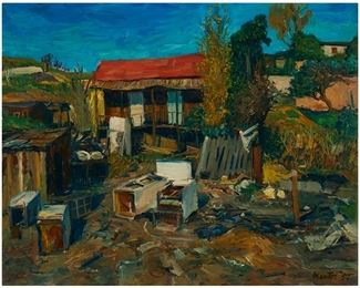 1002
Mentor Huebner
1917-2001, Los Angeles, CA
"Nothing Is Forever," 1952
Oil on board
Signed and dated lower right: Mentor / '52, signed again and titled verso
24" H x 30" W
Estimate: $2,500 - $3,500