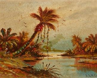 1010
Astley David Middleton (A.D.M.) Cooper
1856-1924, San Jose, CA
"Seminole Country"
Oil on board
Signed lower right: A.D.M. Cooper, titled indistinctly lower left, titled again verso
7.5" H x 11.5" W
Estimate: $600 - $800