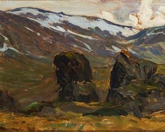1009
Gustav Wentzel
1859-1927, Norwegian
Mountain Landscape, 1919
Oil on board
Signed and dated lower left: Gustav Wentzel, dated again and inscribed in Norwegian verso
10" H x 16.25" W
Estimate: $600 - $800