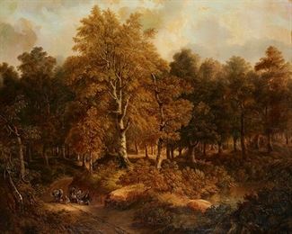 1012
Figures On A Forest Road
Late 19th Century Continental School
Oil on canvas
Appears unsigned
40.25" H x 47.75" W
Estimate: $800 - $1,200