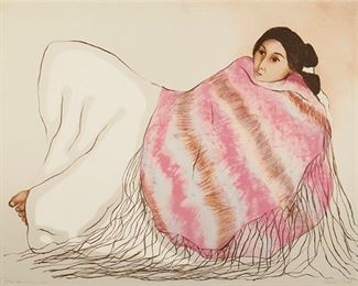 1016
R.C. Gorman
1932-2005, Taos, NM
"Sandra's Shawl," 1979
Lithograph on paper under glass
Signed and dated lower left: R.C. Gorman, and with the artist's blindstamp, inscribed an blindstamped lower right and center, titled on a tag affixed to the backing board
Sheet: 22.5" H x 30" W
Estimate: $500 - $700