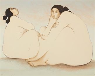 1017
R.C. Gorman
1932-2005, Taos, NM
"Woman From Chaco Canyon," 1983
Lithograph with touches of handcoloring on paper under glass
Edition 141/200, signed, dated and blindstamped lower left: R.C. Gorman, numbered lower right, titled on a tag affixed to the backing board
Sight: 23.5" H x 31.75" W
Estimate: $500 - $700