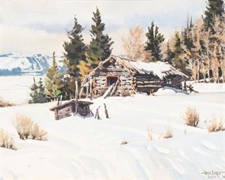 1018
James Erwin Boren
1921-1990, Clifton, TX
"Winter In Wyoming"
Watercolor on paper under glass
Signed and dated lower right: James Boren, and with the copyright symbol as well as the conjoined CA symbol for the Cowboy Artists of America, titled on the backing board
Sight: 21.25" H x 29.25" W; Sheet: 23" H x 30.25" W
Estimate: $500 - $1,000