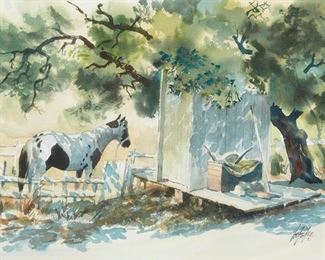 1019
Jake Lee
1915-1991, Los Angeles, CA
Horse In A Corral
Watercolor and pencil on paper under glass
Signed lower right: Jake Lee, and with the copyright symbol
Sight: 13.5" H x 20" W
Estimate: $500 - $700