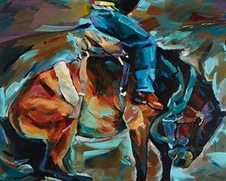 1020
Debbie Edgers Sturges
1951-2014, Haily, ID
Cowboy Atop A Bucking Bronco
Acrylic on canvas
Signed lower right: D. Edgers Sturges SAA (Society of Animal Artists)
40" H x 30" W
Estimate: $600 - $800