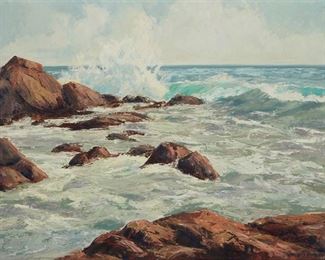 1023
Darwin Duncan
1905-2002, Ramona, CA
Crashing Waves In A Rocky Coastal Seascape
Oil on masonite
Signed lower right: Darwin Duncan
23" H x 30" W
Estimate: $1,000 - $1,500