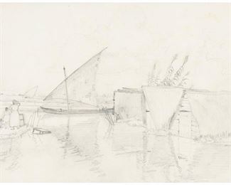 1022
Arthur Grover Rider
1886-1975, Pasadena, CA
Figures And Boats In A Spanish Village, 1923
Pencil on paper under glass
Signed with the estate stamp on the backing paper: A.G. Rider, estate stamped and inscribed on the backing paper: "This is an original pencil sketch done by Arthur G. Rider - done in Spain c. 1923. Robert M. Bethea, stepson of Arthur G. Rider"
Sight: 7.5" H x 10" W
Estimate: $300 - $500