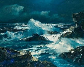 1024
Bennett Bradbury
1914-1991, Carmel, CA
"October Moon," Waves Crashing In A Coastal Landscape
Oil on canvas
Signed lower left: Bennett Bradbury, signed again and titled verso, and with the artist's copyright reserved stamp
24" H x 36" W
Estimate: $1,500 - $2,000