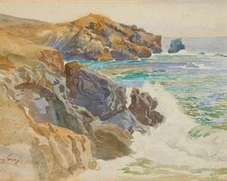 1026
Percy Gray
1869-1952, San Francisco, CA
Waves Crashing On A Rocky Coastline
Watercolor on paper laid to card under glass
Signed lower left: Percy Gray
10.5" H x 14.5" W
Estimate: $3,000 - $5,000