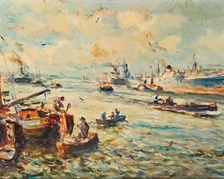 1027
Evert Moll
1878-1955, Dutch
Harbor Scene, Likely Rotterdam
Oil on canvas
Signed lower right: Evert Moll
16" H x 31.75" W
Estimate: $500 - $700