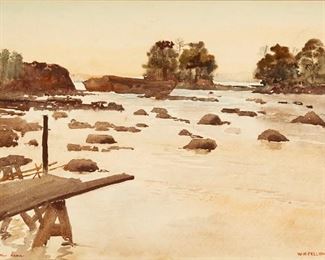 1028
William K. Fellows
b. 1870, American
"Sault Ste-Marie Rapids," 1901
Watercolor on paper under glass
Signed and dated lower right: W.K. Fellows / Sept. 27, 01, titled lower left
Sight: 8.75" H x 13.5" W
Estimate: $300 - $500