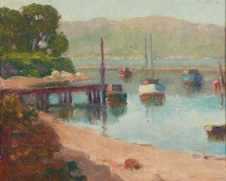 1029
Arthur Harold Knott
1883-1977, Morro Bay, CA
"Abalone Wharf," Circa 1930'S
Oil on canvas laid to fiberboard
Signed lower left: A. Harold Knott, signed again, titled and inscribed verso: "Morro Bay Calif," dated on a gum label affixed to the frame verso
10" H x 12" W
Estimate: $700 - $900