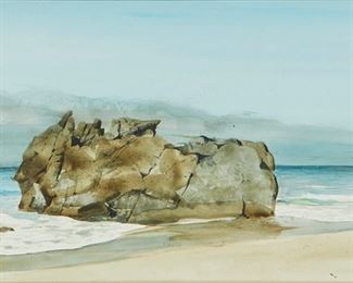 1030
David Ligare
b. 1945, Salinas, CA
"Fog Bank-Pacific Grove"
Watercolor on paper under glass
Signed lower right: DH Ligare, titled on a gallery label affixed to the backing paper
Sight: 12.75" H x 22.25" W
Estimate: $200 - $400