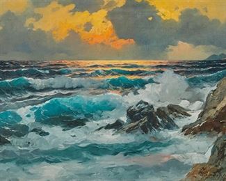 1031
Alexander Dzigurski
1911-1995, Los Angeles, CA
Seascape At Sunset
Oil on canvas
Signed lower right: A. Dzigurski, numbered and with the artist's copyright stamp verso: 21720
24" H x 36" W
Estimate: $700 - $900