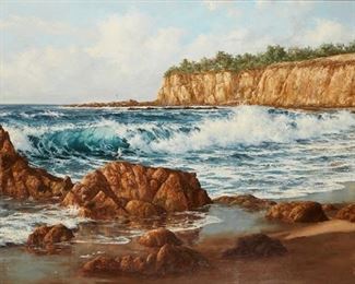 1034
Robert Wee
b. 1927, Californian
"Memories Of Irvine Cove," 1981
Oil on masonite
Signed lower right: Robert Wee, signed again, dated, titled and inscribed verso: Feb. 1981 / Painted for James Swinden
35" H x 60" W
Estimate: $600 - $800