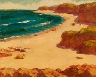 1035
Arthur Harold Knott
1883-1977, Morro Bay, CA
"Along The Shore"
Oil on canvas
Signed, titled and inscribed on the stretcher: A. Harold Knott / "Morro Bay California"
30" H x 36" W
Estimate: $2,000 - $3,000