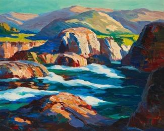 1037
Arthur Harold Knott
1883-1977, Morro Bay, CA
"Where Hills Came Down To The Sea"
Oil on canvas
Signed lower left: A. Harold Knott, signed again, titled and inscribed on the stretcher: "Morro Bay California / Property of Rachel T. Knott"
24" H x 30" W
Estimate: $1,500 - $2,000