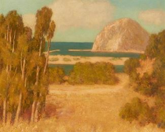 1038
Arthur Harold Knott
1883-1977, Morro Bay, CA
"Land And Sea"
Oil on canvas
Signed, titled and inscribed on the stretcher: A. Harold Knott / "Morro Bay Calif."
26" H x 30" W
Estimate: $1,500 - $2,000