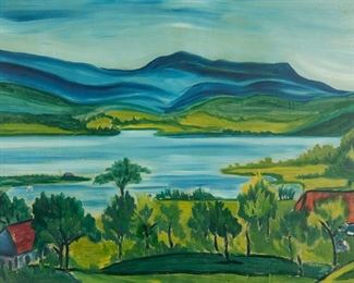 1039
Hubert Leutschacher
20th Century, Austrian
Lakeside With Houses, 1957
Oil on board
Signed and dated lower right: H.L.
19.5" H x 27.75" W
Estimate: $300 - $500