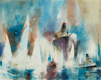 1040
Jack Laycox
1921-1984, San Francisco, CA
Ships And Sailboats In A Harbor
Watercolor on paper under glass
Signed lower right: Jack Laycox, and with the copyright symbol
Sight: 22.25" H x 29.75" W
Estimate: $300 - $500
