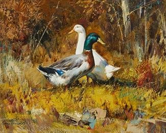 1041
Cyrus Afsary
b. 1940, American
"Together"
Oil on canvas
Signed lower left: Cyrus Afsary, and with the copyright symbol, titled on a gallery label affixed to the frame verso
9" H x 12" W
Estimate: $1,000 - $1,500