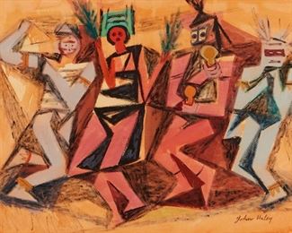 1043
John Charles Haley
1905-1991, Berkeley, CA
"Pueblo Indian Dance," 1947
Watercolor and gouache on paper under glass
Signed lower right: John Haley, titled, dated and numbered verso: '47 / F10/14 / JHAL 3493
Sight: 16.5" H x 22.25" W; Sheet: 18.5" H x 24.5" W
Estimate: $300 - $500