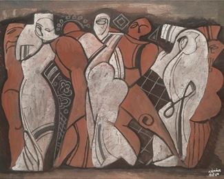 1042
Bela Kadar
1877-1956, Hungarian
Abstact Figural Group
Mixed media on paper under glass
Signed lower right: Kadar Bela
Sight: 22.5" H x 33" W
Estimate: $400 - $600