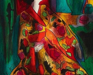 1044
Linda Le Kinff
b. 1949, French
"Nya Ku," 2002, Woman In A Floral Kimono
Oil on board
Signed lower left: Le Kinff, signed again, dated, titled and inscribed verso: "To Elisabeth - 29 mars 2004 - Linda Le Kinff"
18.25" H x 15" W
Estimate: $500 - $700