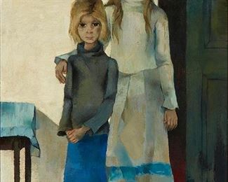 1047
Ramon Aguilar More
1924-2015, Spanish
"Two Girls"
Oil on canvas
Signed lower right: R. Aguilar More, titled on a card affixed to the backing board
39.5" H x 29" W
Estimate: $600 - $800