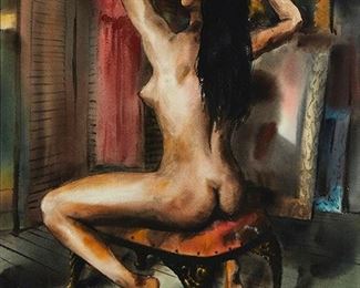 1048
Jack Laycox
1921-1984, San Francisco, CA
Seated Nude
Watercolor and gouache on paper glass
Signed lower right: Jack Laycox
29.5" H x 22" W
Estimate: $300 - $500