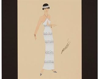 1051
Romain (Erté) De Tirtoff
1892-1990, Russian
Woman In White Sequined Gown And Head Band
Gouache with metallic paint on card under glass
Signed right center: Erte, stamped "Studio D - Erte - Paris" verso
15.75" H x 10.5" W
Estimate: $1,000 - $1,500