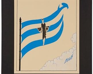 1053
Romain (Erté) De Tirtoff
1892-1990, Russian
"Paris," 1928, Woman In A Black Dress On A Blue And White Striped Flag
Gouache with metallic paint on card under glass
Signed lower right: Erte, titled and dated in the center
17.5" H x 14" W
Estimate: $1,000 - $1,500