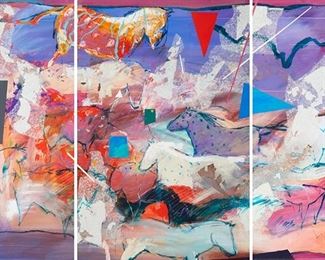 1057
Harold E. (Hal) Larsen
b. 1935, American
"Night Horse Blanket" Triptych (Three Works)
Mixed media on paper under glass
Signed lower left: Harold E. Larsen, titled and numbered on the backing board of the center piece: H 8902003
Sight of each: 39.5" H x 19.5" W
Estimate: $500 - $1,000