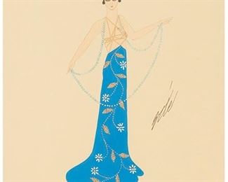 1061
Romain (Erté) De Tirtoff
1892-1990, Russian
Woman In Blue Floral Dress With Long Beaded Necklace
Gouache and metallic paint on paper under glass
Signed right center: Erte
Sight: 16.75" H x 11.5" W
Estimate: $800 - $1,200