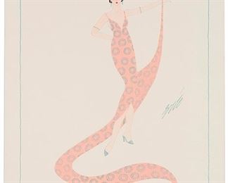 1062
Romain (Erté) De Tirtoff
1892-1990, Russian
Woman In A Geometric Pink Gown Holding Her Train
Gouache with metallic paint on card under glass
Signed right center: Erte, stamped "Atelier - Erte - Paris" verso
23.25" H x 16.5" W
Estimate: $1,000 - $1,500