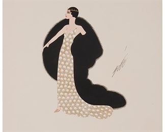 1063
Romain (Erte) De Tirtoff
1892-1990, Russian
Woman In Floral Gown With A Large Black Coat
Gouache with metallic paint on card under glass
Signed right center: Erte, stamped "Studio D - Erte - Paris" verso
20" H x 16.5" W
Estimate: $1,000 - $1,500