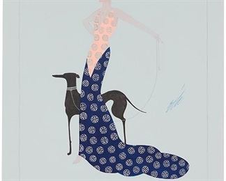 1064
Romain (Erté) De Tirtoff
1892-1990, Russian
Woman In A Peach And Navy Gown With Train And Black Dog
Gouache with metallic paint on card under glass
Signed right center: Erte, stamped "Atelier - Erte - Paris" lower left
23.25" H x 16.5" W
Estimate: $1,000 - $1,500