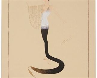 1065
Romain (Erté) De Tirtoff
1892-1990, Russian
Woman In A White And Black Gown With Outstretched Arm Holding Chains
Gouache with metallic paint on card under glass
Signed right center: Erte, stamped "Atelier - Erte - Paris" lower left
23.25" H x 16.5" W
Estimate: $1,000 - $1,500