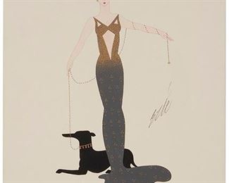 1066
Romain (Erté) De Tirtoff
1892-1990, Russian
Woman In Gray And Gold Gown With Dog
Gouache with metallic paint on card under glass
Signed right center: Erte, stamped "Studio D - Erte - Paris" verso
21" H x 14" W
Estimate: $1,000 - $1,500