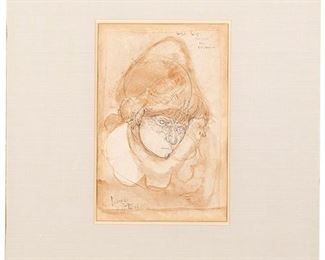 1068
José Luis Cuevas
1934-2017, Mexican/American
"Double Self Portrait In Charenton," 1965
Watercolor and ink on paper laid to Arches paper under glass
Signed and dated lower left: Cuevas, titled upper right, signed again, titled and dated verso
Sight: 9" H x 5.75" W
Estimate: $700 - $900