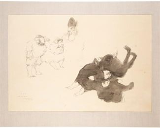 1070
José Luis Cuevas
1934-2017, Mexican/American
"Funerale De Un Dictador," 1960
Ink and watercolor on paper under glass
Signed, dated, titled and indistinctly inscribed lower left: Cuevas / 21 Dic. 1960
24" H x 35.25" W
Estimate: $700 - $900