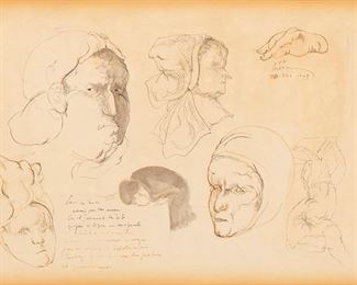 1069
José Luis Cuevas
1934-2017, Mexican/American
"Pagina De Estudios (Sketches Page)," 1965
Ink and watercolor on paper under glass
Signed and dated upper right: Cuevas, signed and dated again and titled verso: 28 December 65
8" H x 11" W
Estimate: $500 - $700