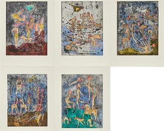 1071
Roberto Matta
1911-2002, Chilean
"L'Ame Du Tarot De Théleme," 1994
Portfolio of five aquatint etchings on Arches paper, Thomas R. Monahan, pub.
Edition 40/100, each signed in pencil lower right: Matta, each numbered in pencil lower left
Sheet of each: 26" H x 19.75" W; Image of each: 19.25" H x 14.75" W
Estimate: $3,000 - $5,000