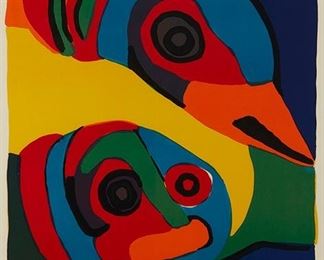 1076
Karel Christiaan Appel
1921-2006, Dutch
Abstract Figure And Bird, 1972
Color lithograph on paper under glass
Edition 106/150, signed and dated in pencil in the lower right margin: Appel / 72, numbered in pencil in the lower left margin
31.25" H x 23.5" W
Estimate: $400 - $600