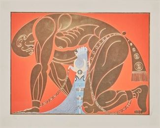 1078
Romain (Erte) De Tirtoff
1892-1990, Russian
"Samson And Delilah," 1980
Serigraph on paper under Plexiglas, Circle Fine Art Corp., Chicago IL, pub.
Edition 290/300, signed in pencil in the lower right margin: Erte, numbered in pencil and blindstamped for the publisher in the lower left margin
Sheet: 18.75" H x 24" W; Image: 15" H x 20.5" W
Estimate: $800 - $1,200
