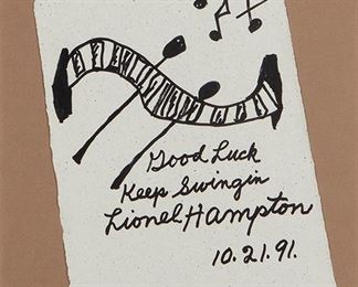 1079
Lionel Hampton
1908-2002, American
Music Themed Sketch, 1991
Ink on paper under glass
Signed, dated and inscribed in the center: Lionel Hampton / 10.21.91 / "Good Luck - Keep Swingin"
10.25" H x 7.25" W
Estimate: $200 - $300