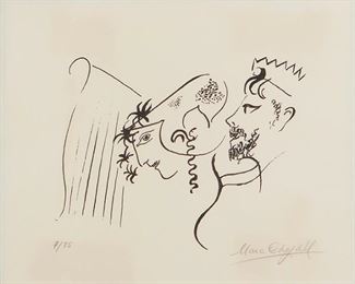 1080
Marc Chagall
1887-1985, French
"Biblical Subject," 1956
Lithograph on Arches paper under glass
Edition 7/75, signed in pencil lower right, numbered in pencil lower left
11" H x 13" W
Estimate: $400 - $600