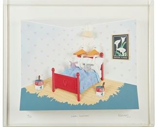 1081
Michael Bedard
b. 1949, Canadian
"Living Together," 1993
Bas relief wall sculpture, encased in a Plexiglas box
Edition 56/275, signed and dated lower right: Bedard, and with the copyright symbol, titled lower center, numbered lower left
27" H x 32" W x 5" D
Estimate: $1,000 - $1,500