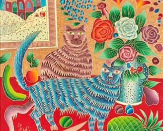 1082
Yuri Gorbachev
b. 1948, Russian/American
"Two Cats & Roses," 2004
Oil and gold leaf on canvas
Signed lower left: Yuri Gorbachev, signed again, dated, titled and inscribed verso: 03.04.04 / "To Elizabeth - From Yuri Gorbachev with love"
24" H x 24" W
Estimate: $1,000 - $2,000